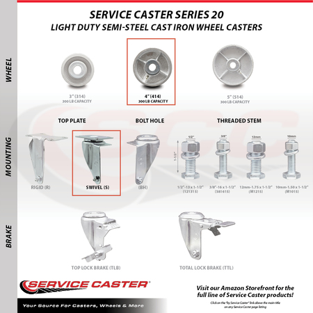 Service Caster 4 Inch Semi Steel Cast Iron Wheel Swivel Top Plate Caster SCC-20S414-SSS-TP3